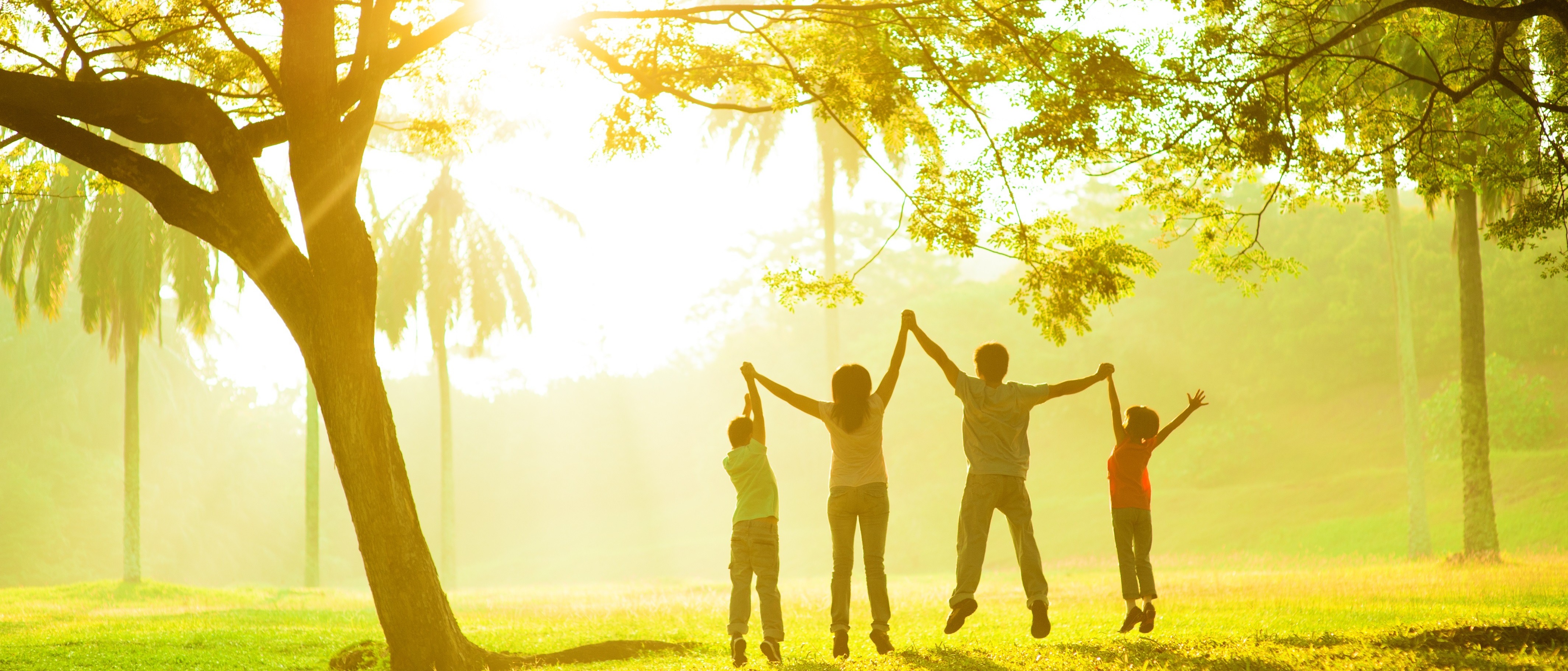 A family holding hands and raising hands together outdoors